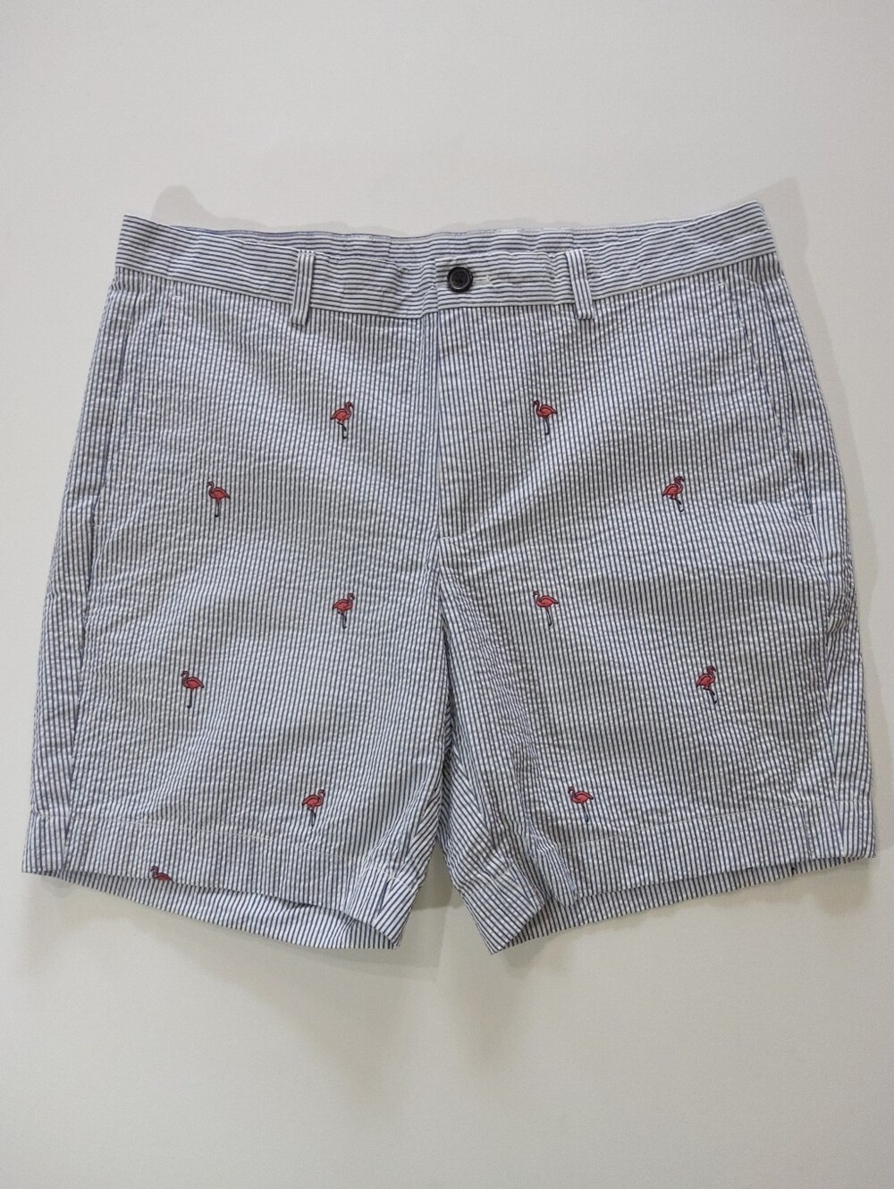 Brooks Brothers Seersucker Shorts Mens 35 Blue White Flamingo Print Coastal Prep
